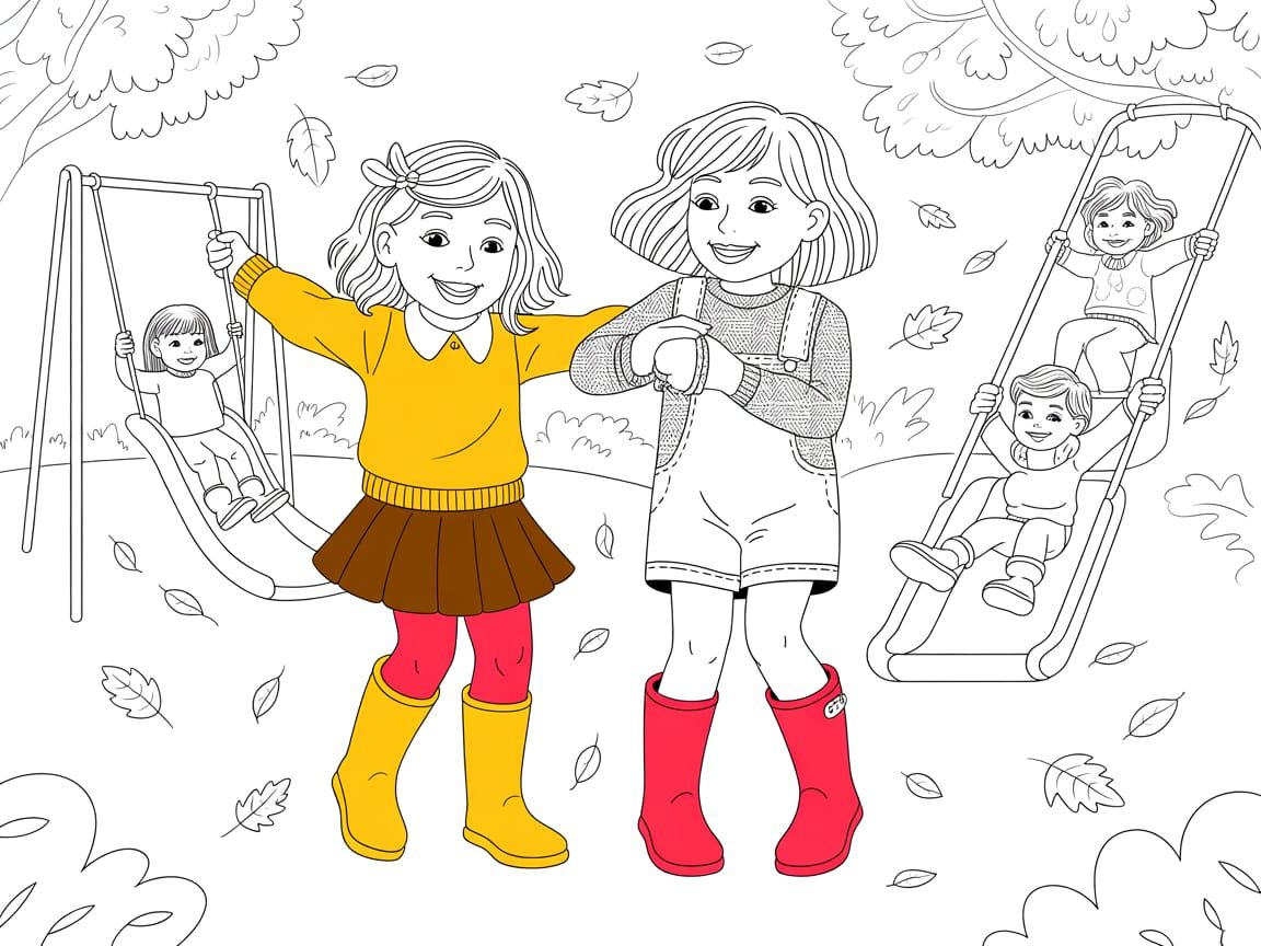 Girls Play in Autumn Playground Coloring Book Style