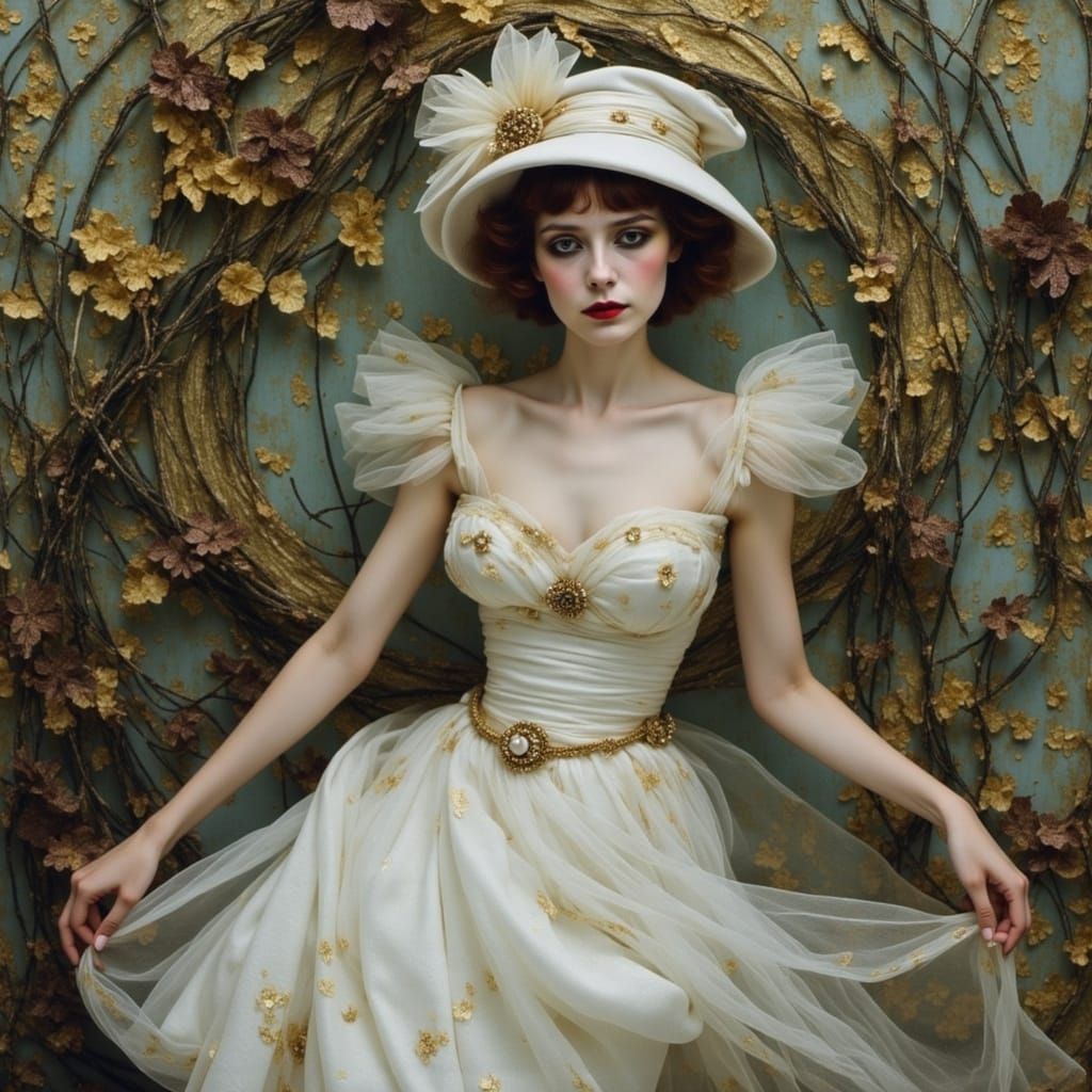 Tsarina Evdokija in White Sarafan in Autumn Garden with Snow