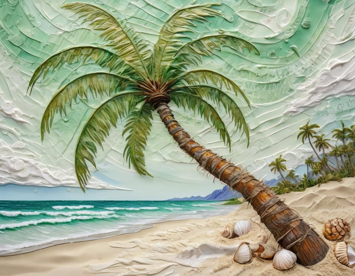 Surreal Palm Tree Impasto Painting with Toucan