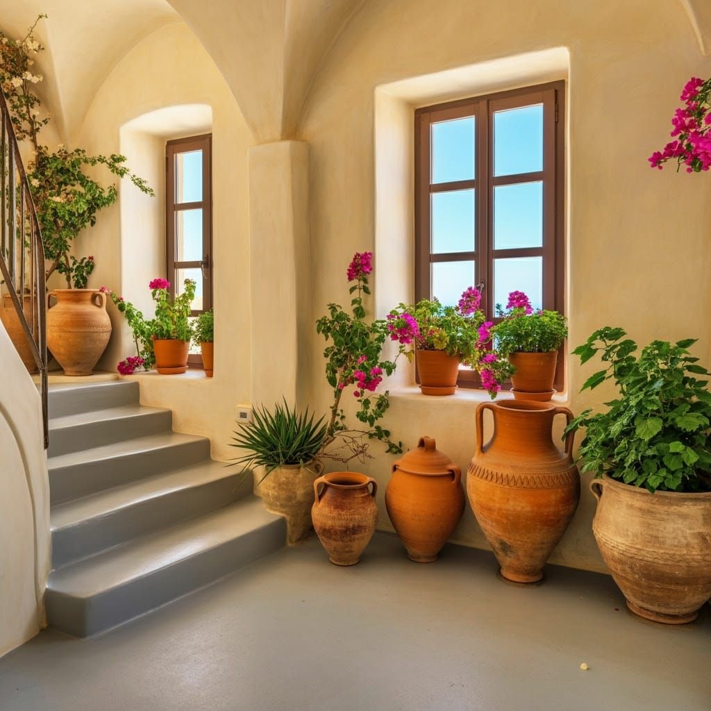 Santorini Greek Interior with Pottery and Caldera View