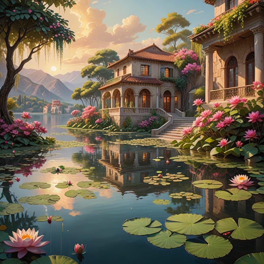 Ethereal Fantasy Home Amidst Serene Lake Landscape in Grecia...