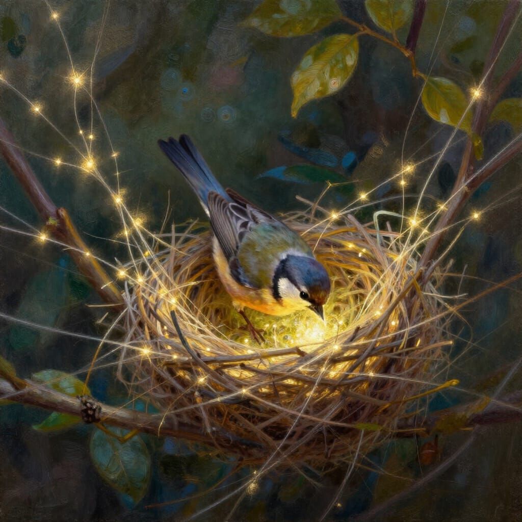 Magical Bird Weaves Nest from Glowing Light Threads