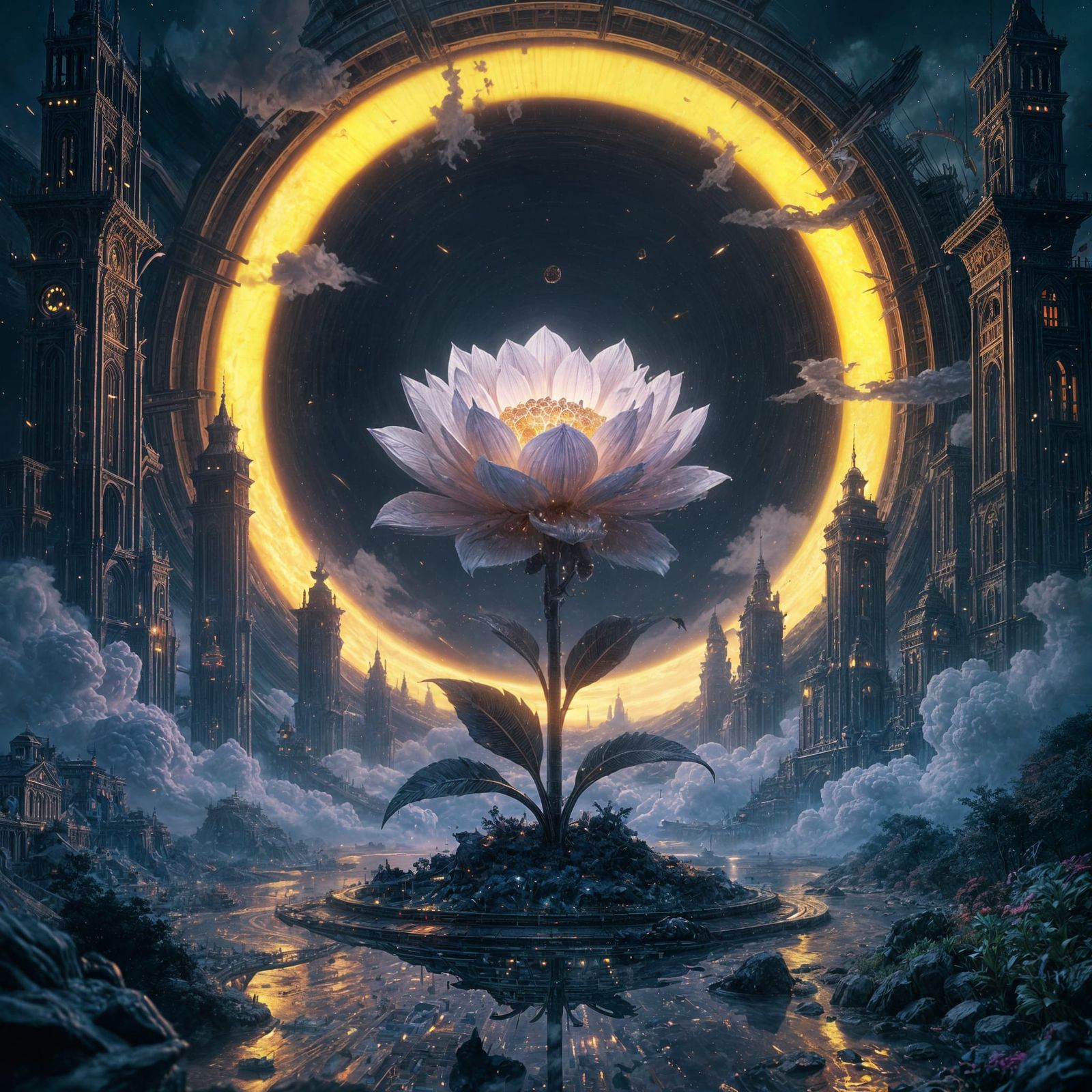 Black Hole City Flower: Ethereal Dark Fantasy Concept Art