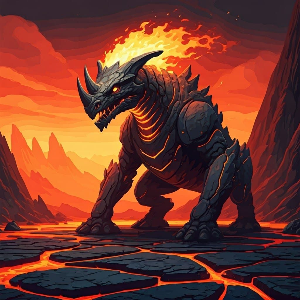 Vibrant Fire Alien in Lava Landscape: Digital Art