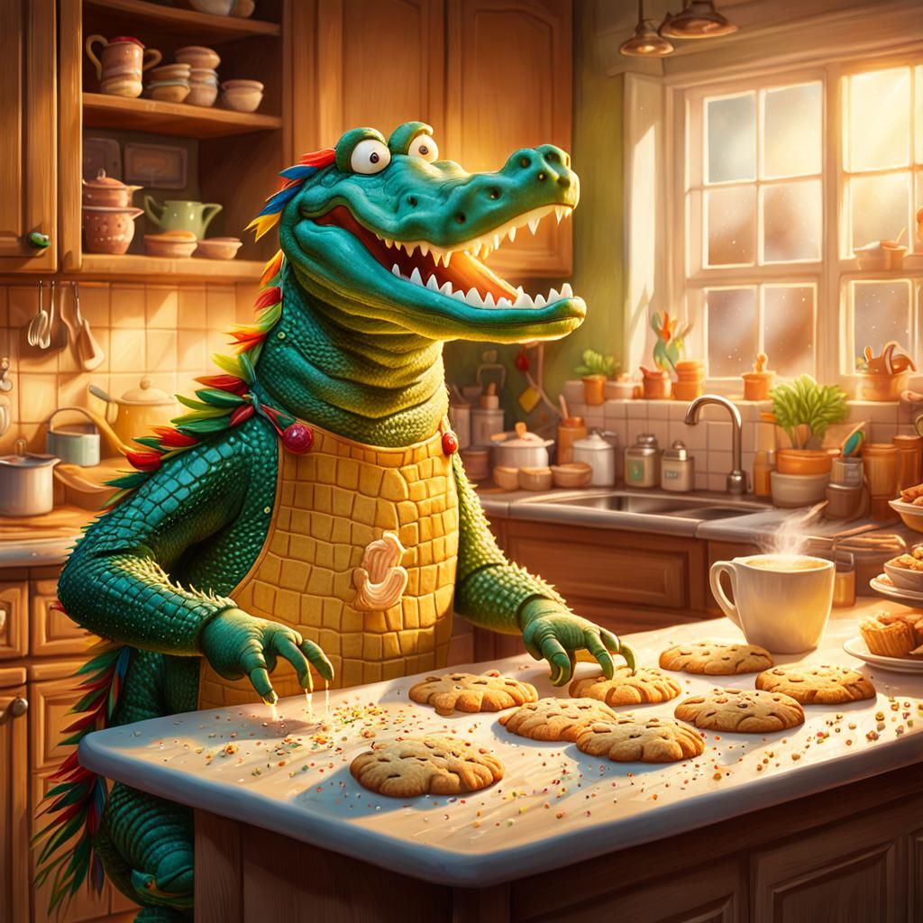 Fantasy Crocodile Parrot Bakes Christmas Cookies