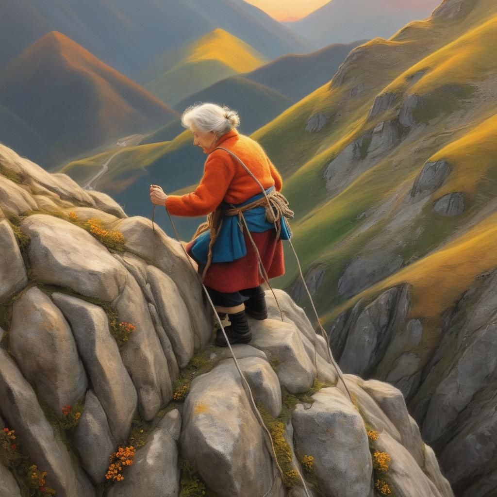 Needle-Felted Woman Climbs Mountain at Golden Hour