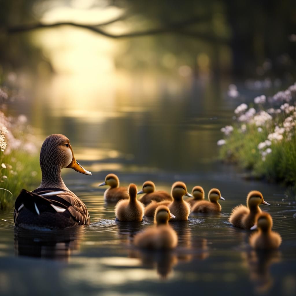 Mother Duck and Ducklings Swimming in Stream