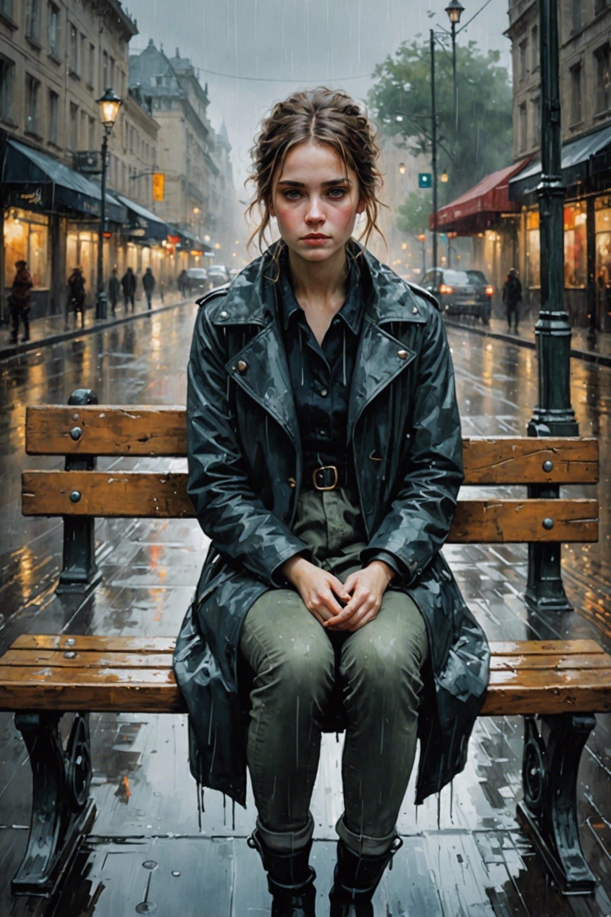 Girl in Rainy City: Watercolor Street Art