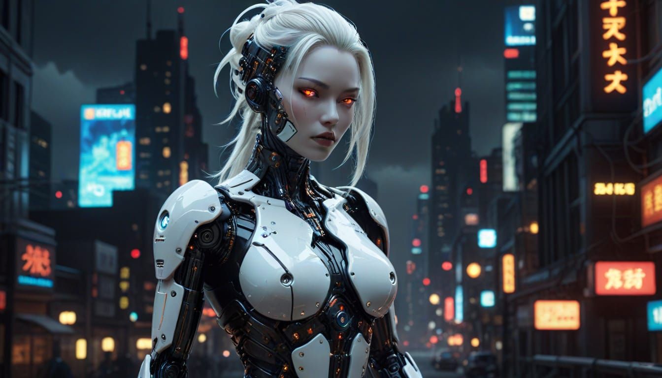 Cyberpunk Gynoid Pinup in Neon Cityscape