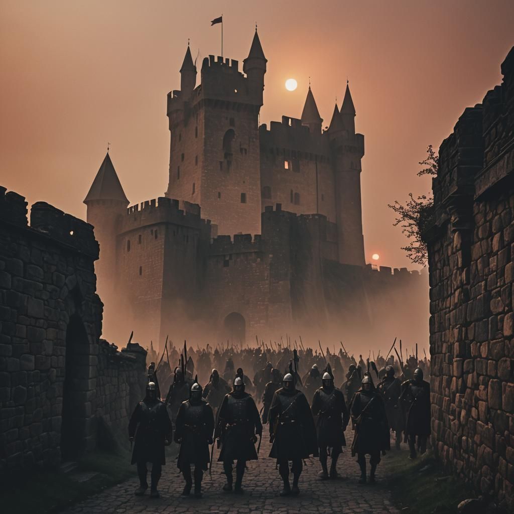 Dark Armies Exit Castle at Dusk: Cinematic Film Still