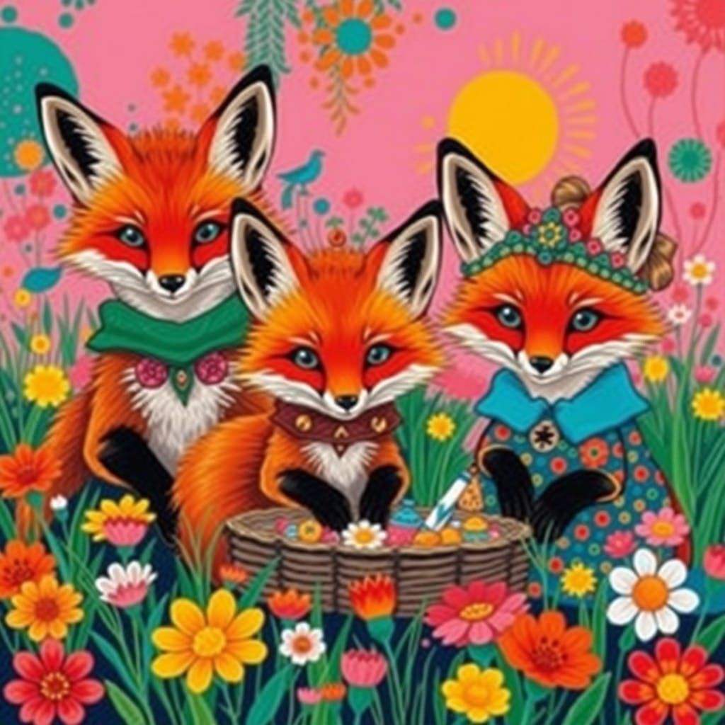 Whimsical Pop Art Fox Family Picnic