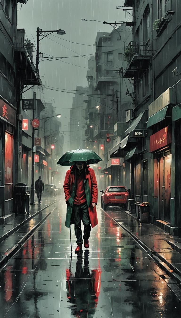 Red Lamborghini in Rainy Ink Painting