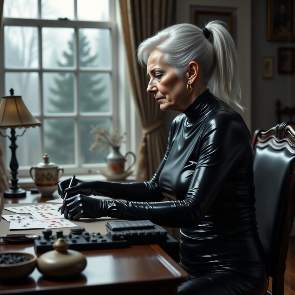 Elegant Elderly Woman in Black Latex Plays Solitaire