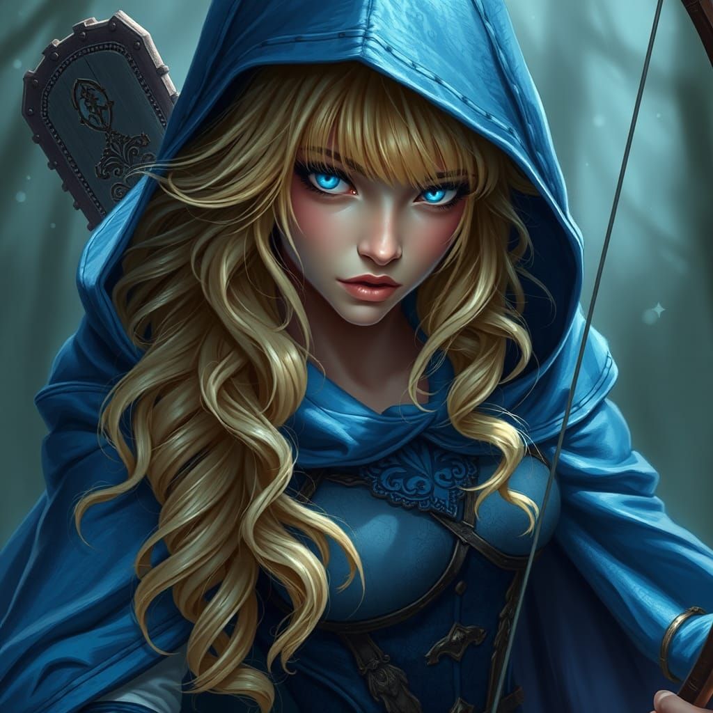 Ethereal Woman Archer in Blue Cloak