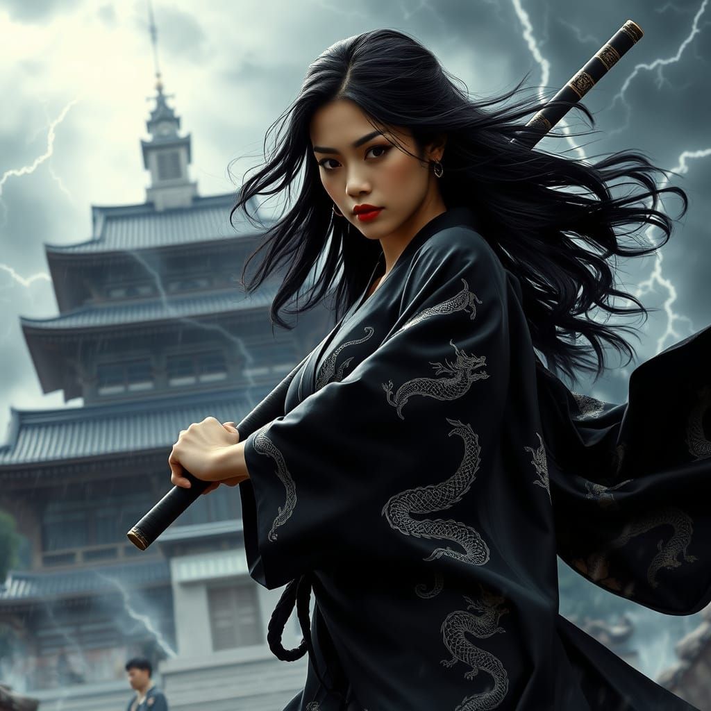 Woman with Naginata in Storm, Cinematic Japanese Style