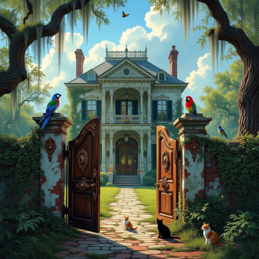 Bayou Mansion with Mermaid Door in Hyperrealistic Style