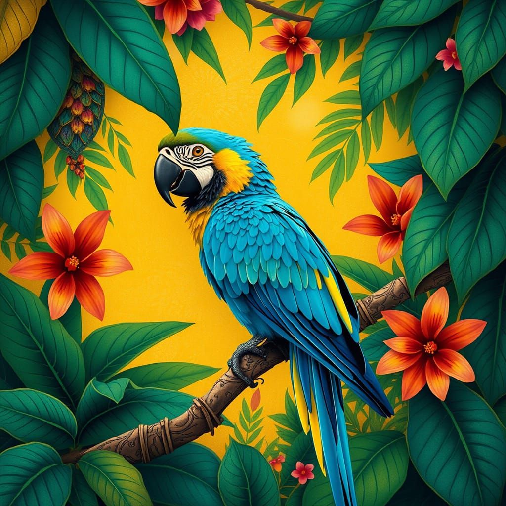 Blue Macaw in Art Nouveau Style