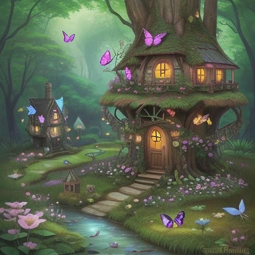 Whimsical Fairy Village with Fae Folk and Butterflies