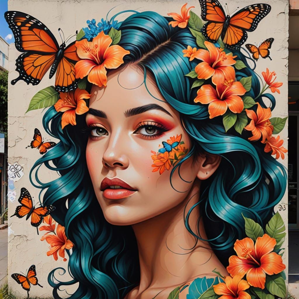 Vibrant Street Art Mural of Woman with Flowers