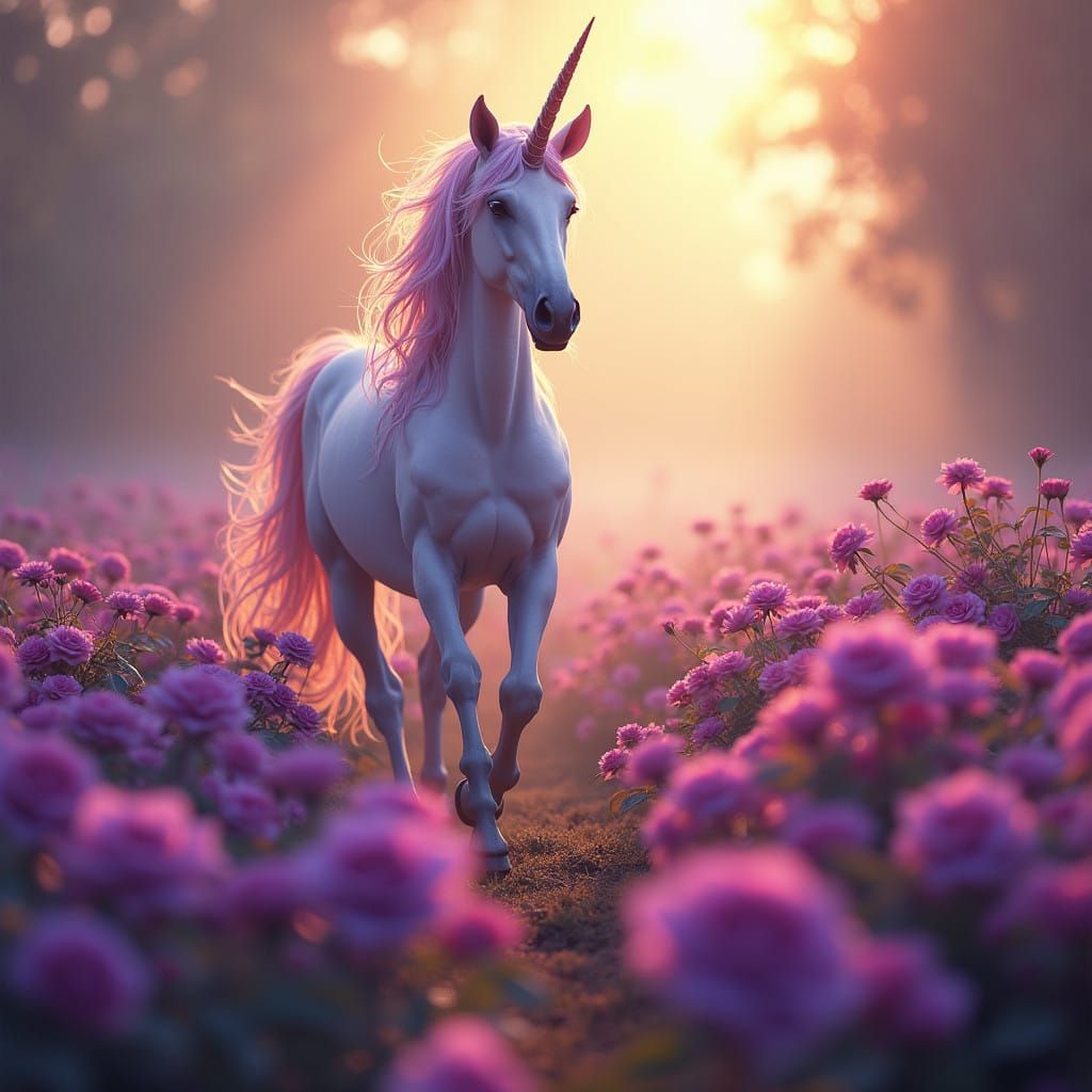 Majestic Unicorn in Vibrant Purple Rose Field