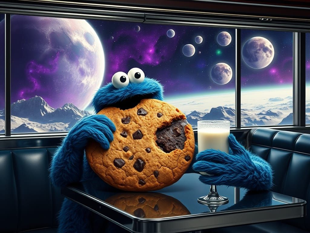 Cookie Monster in Retro-Futuristic Diner, Devouring Earth Co...