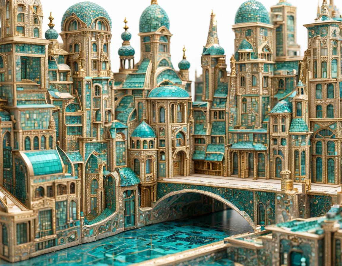Art Nouveau Miniature Cityscape With Gold Details