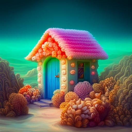 Whimsical Coral Cottage in Fractal Synthwave Style