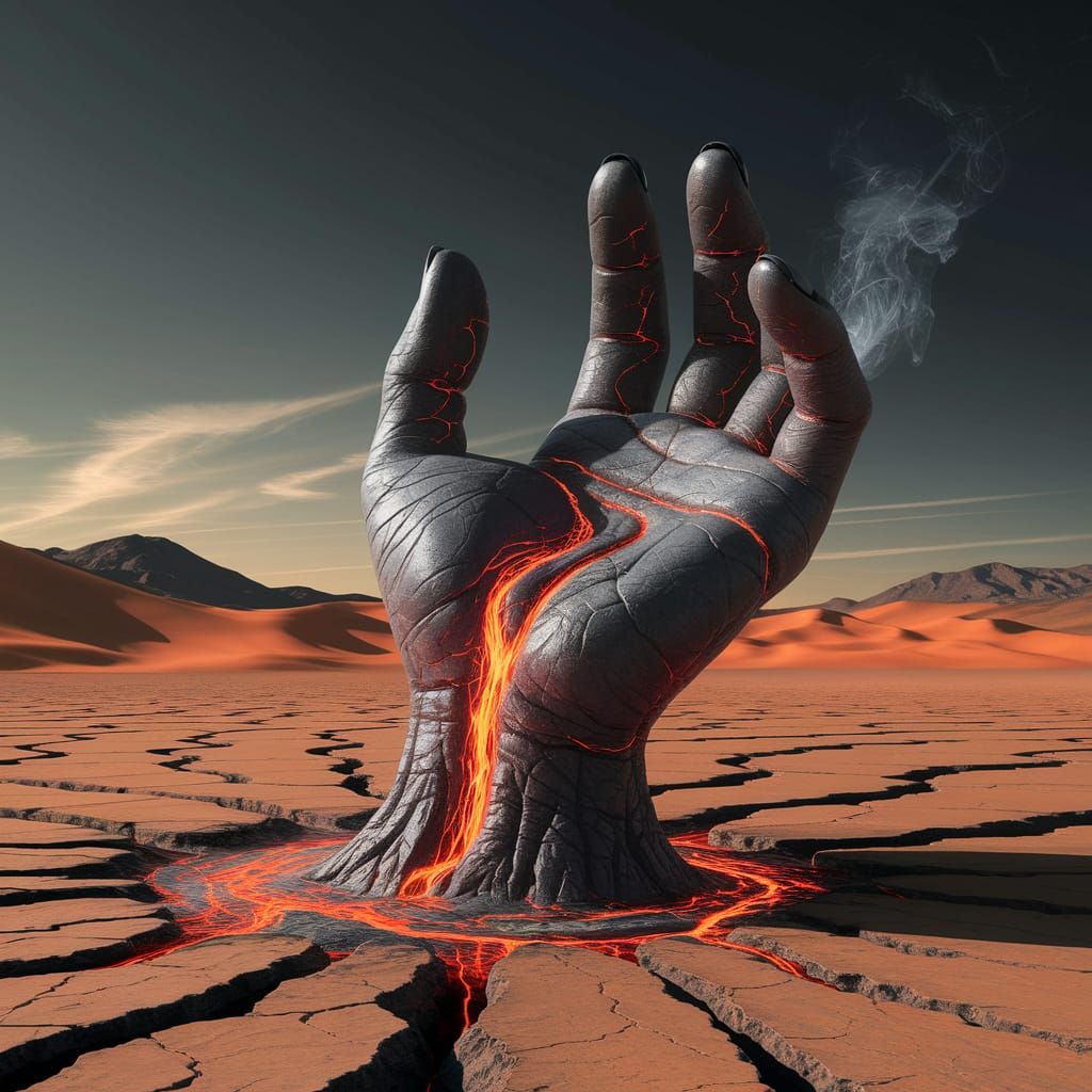 Ancient Hand Emerges from Desert Earth in Fiery Glory
