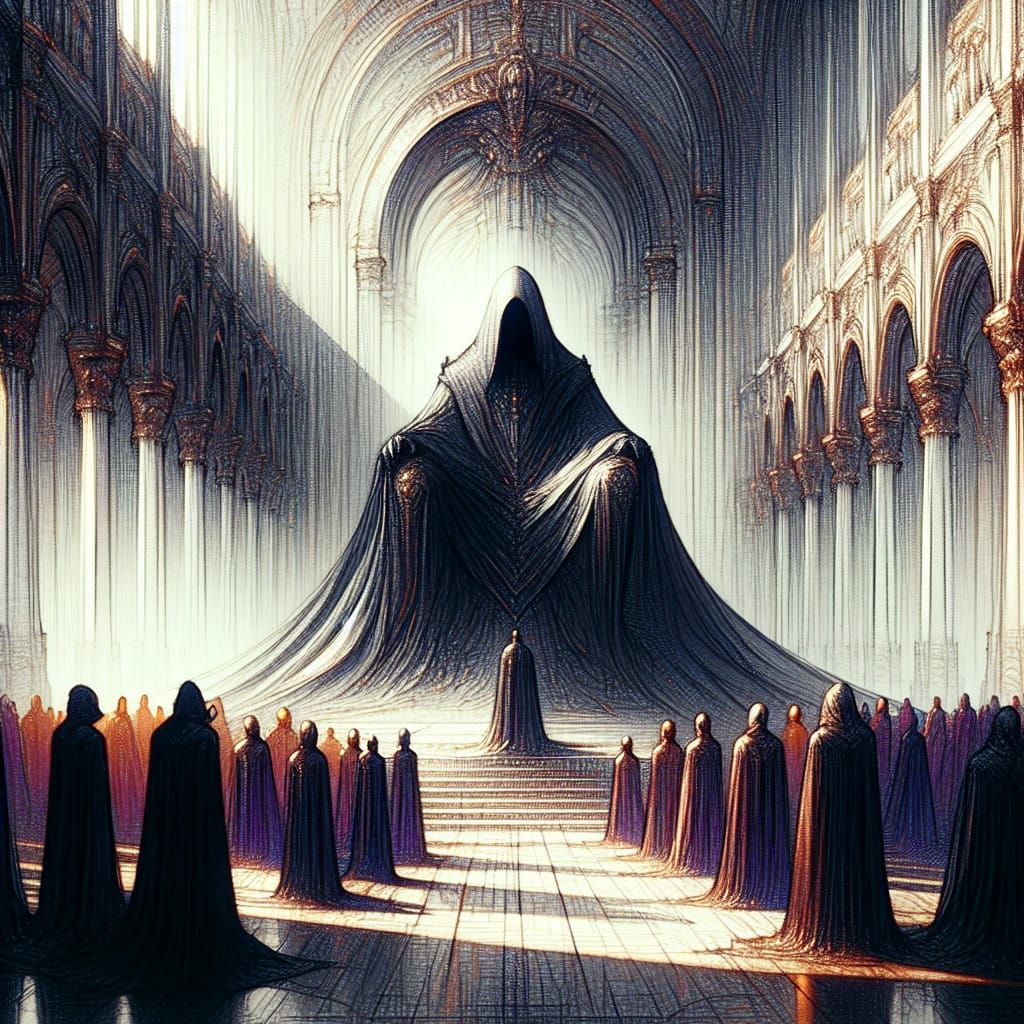 Enigmatic Figure Enthroned in Ornate Cathedral
