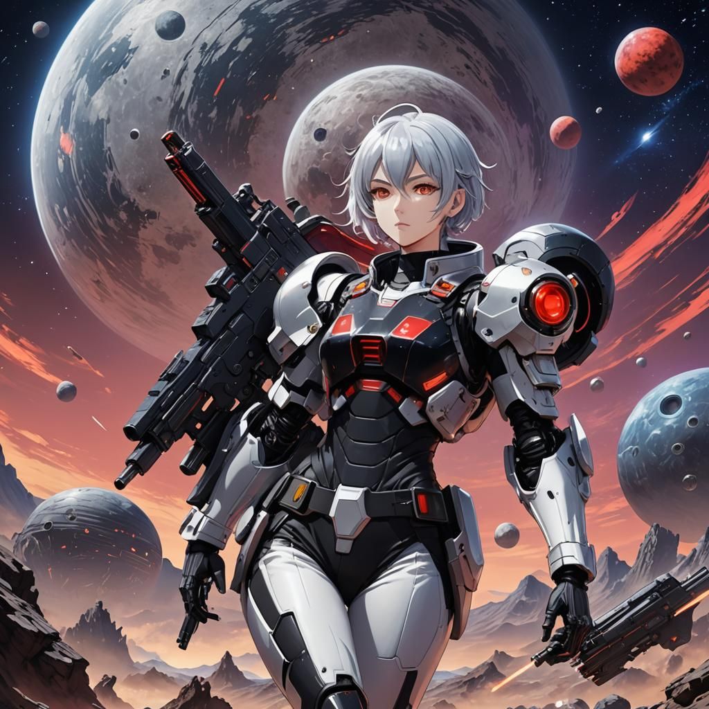 Anime Bounty Hunter with Mechanical Eye on Alien Planet