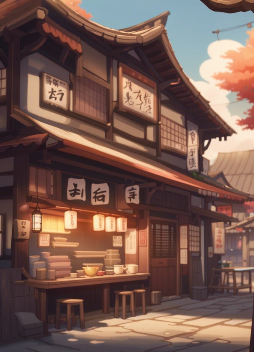 Anime Ramen Shop in Old Village: 8k Concept Art