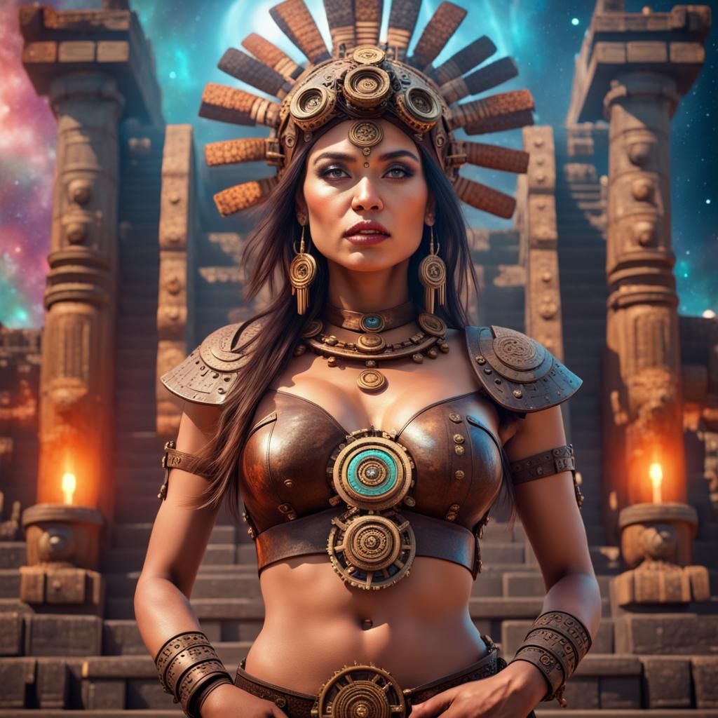 Attractive Aztec Woman on Temple with Steampunk Engine