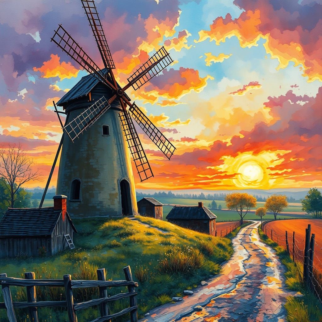 Rural Windmill at Spring Sunrise: Impressionist Painting