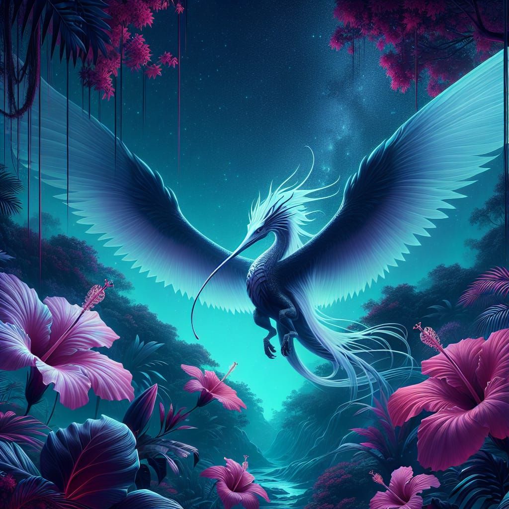 Ghostly Celtic Dragon Flies in Tropical Rainforest