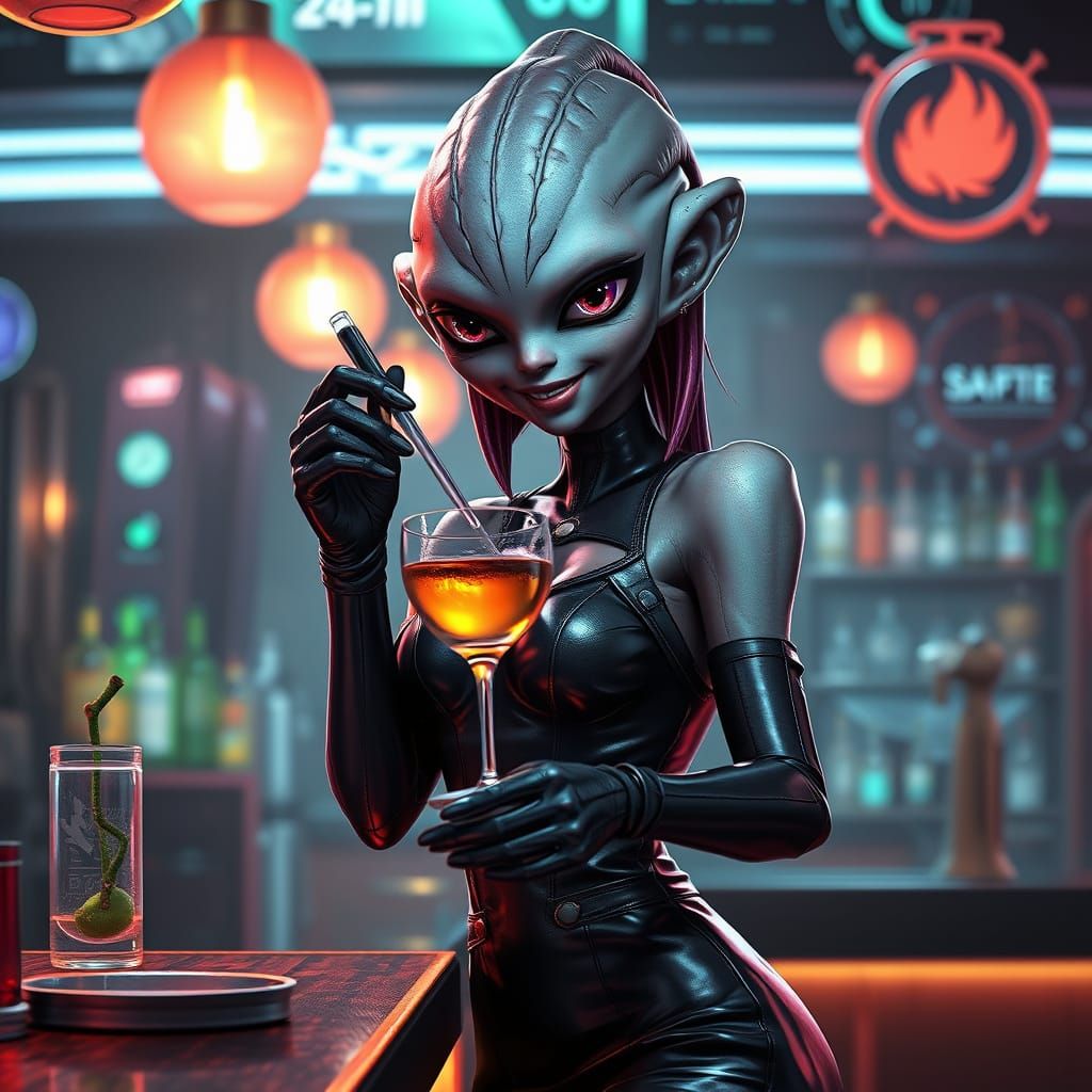 Alien Bartender in a Cyberpunk Dive