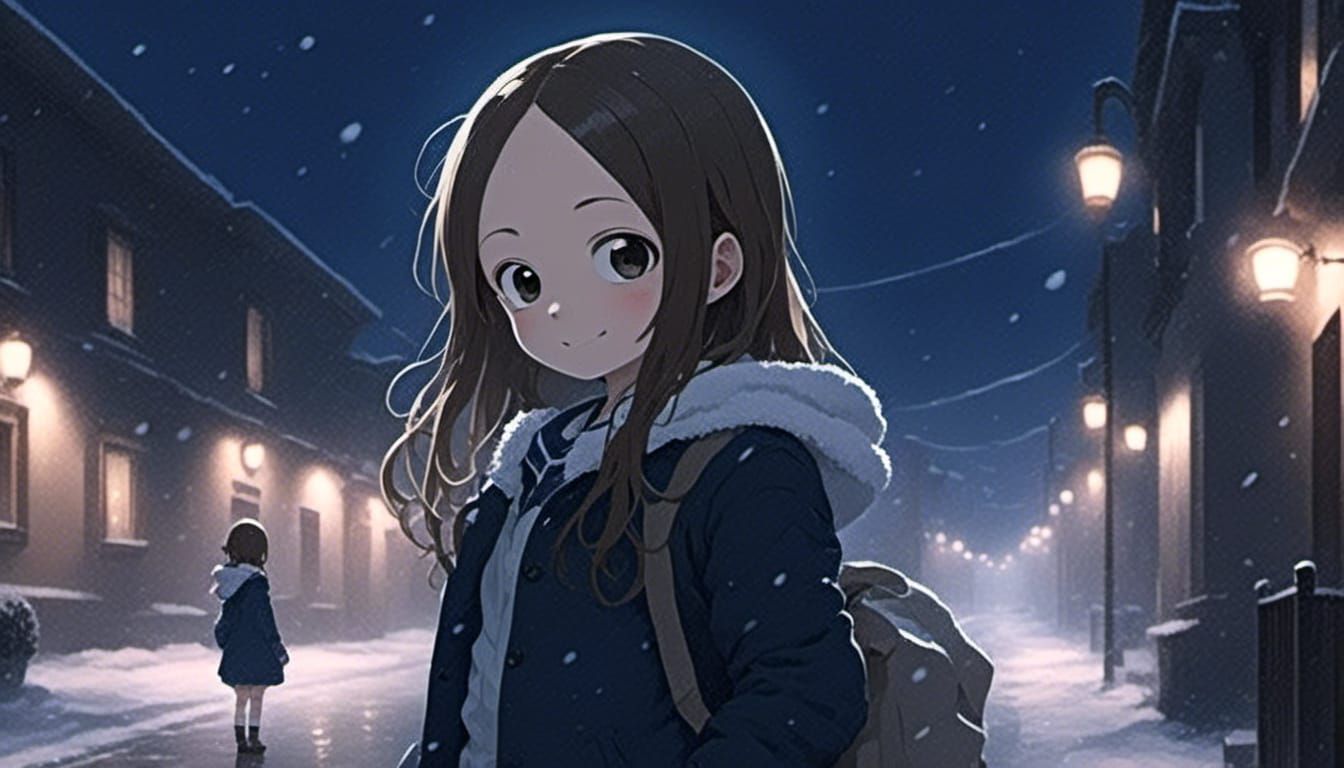 Cute Girl in Snowy Street at Midnight