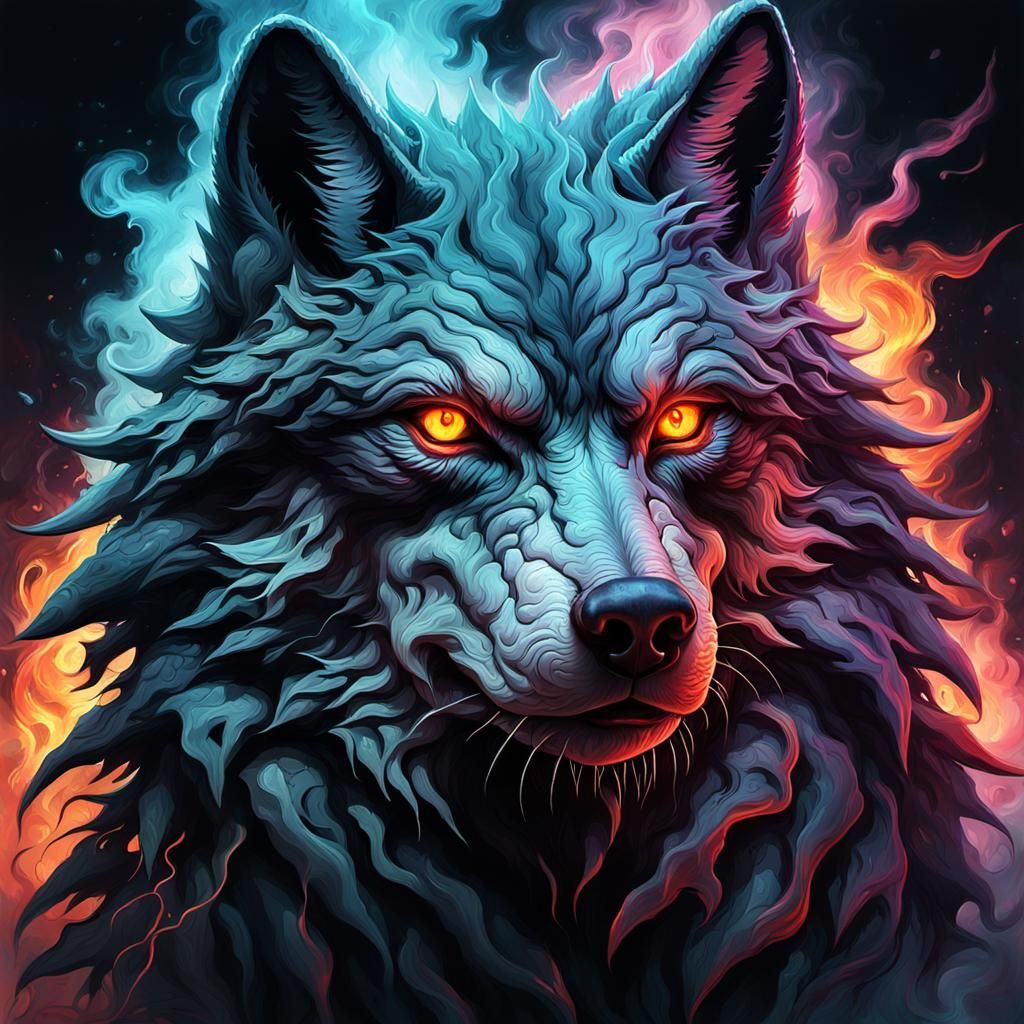 Cyberpunk Smoke Wolf: Grotesque Impressionist Masterpiece
