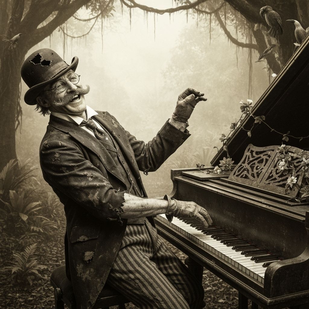 Edwardian Gentleman Plays Piano in Jungle, Sepia Photograph