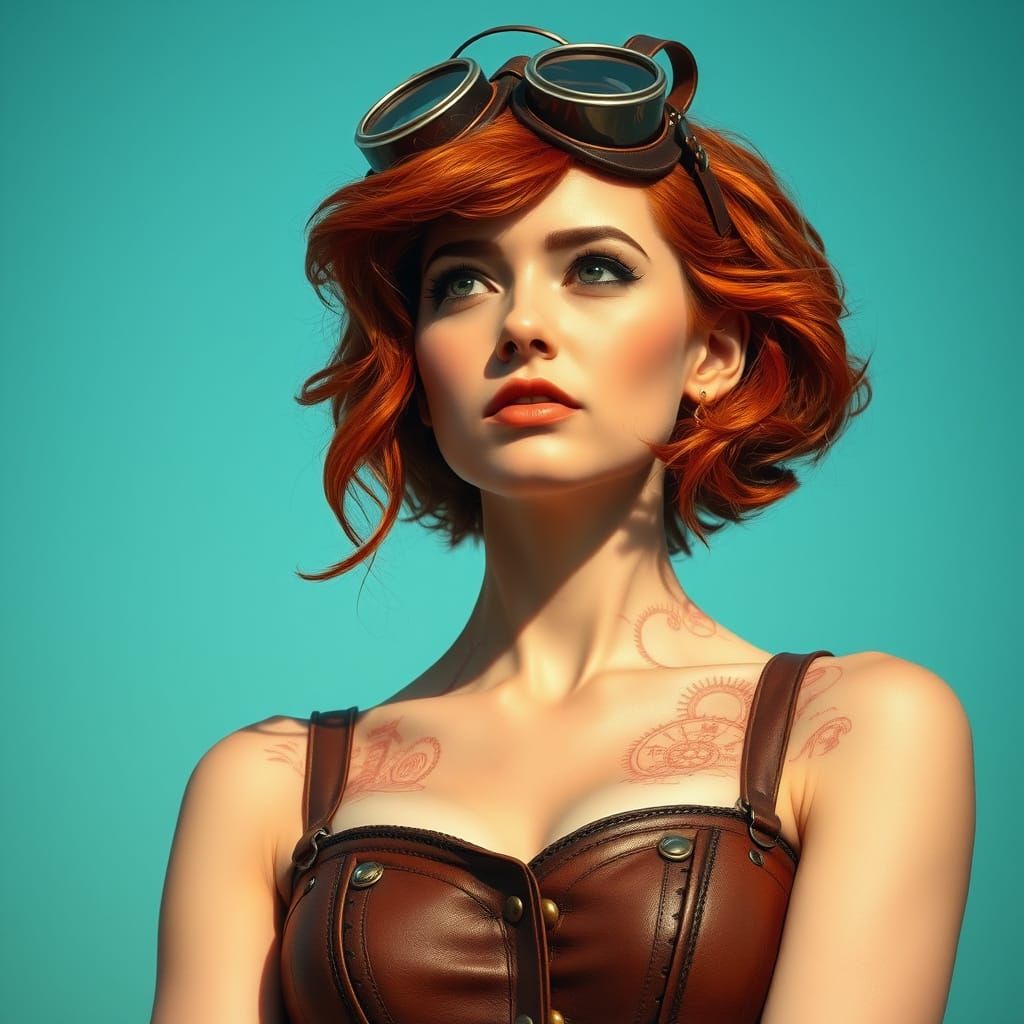 Steampunk Goddess in Vintage Goggles and Leather Corset
