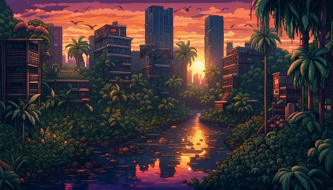 Tropical Overgrown City Sunset in Pixel Art