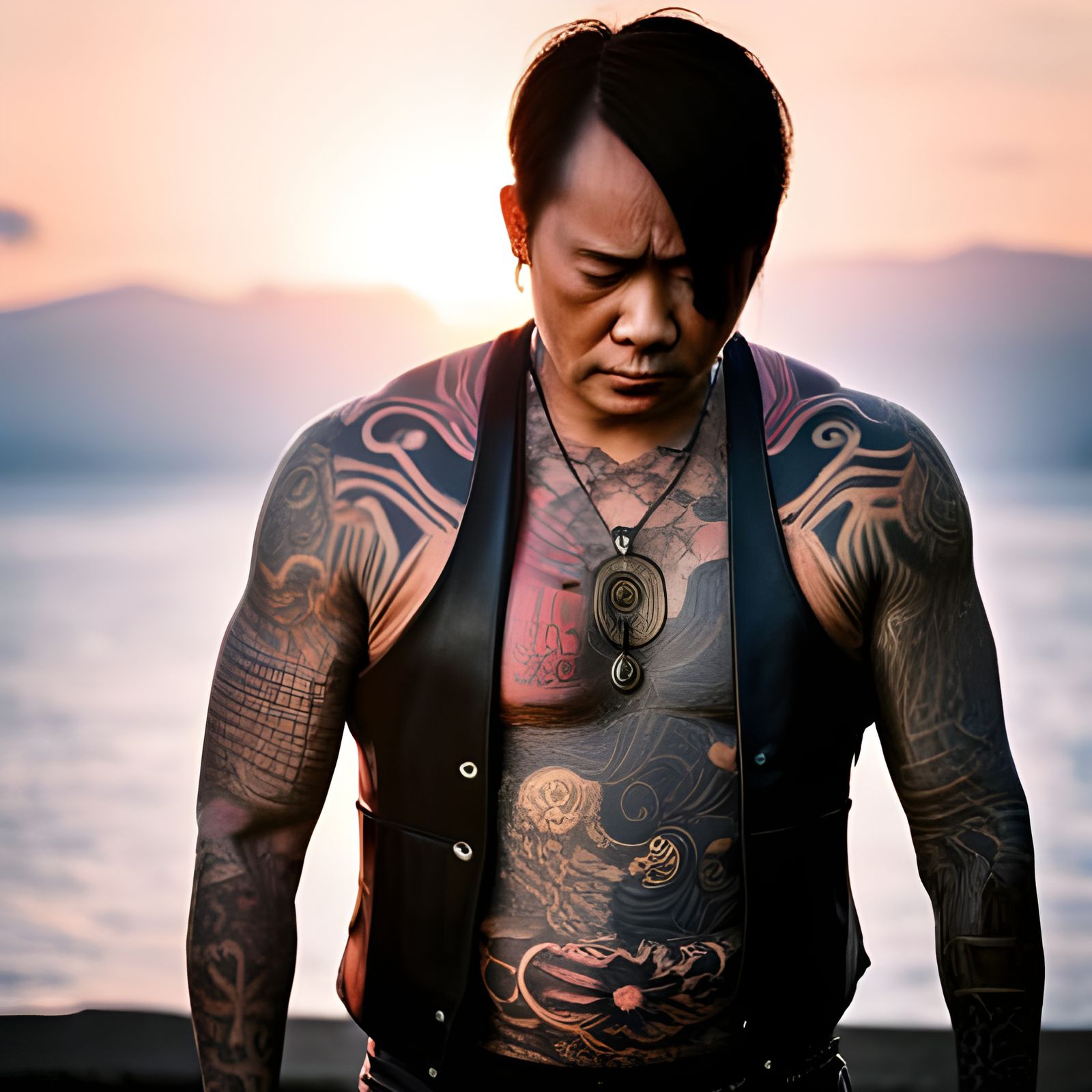 Yakuza Sunset: Tattooed Boss in Leather Vest