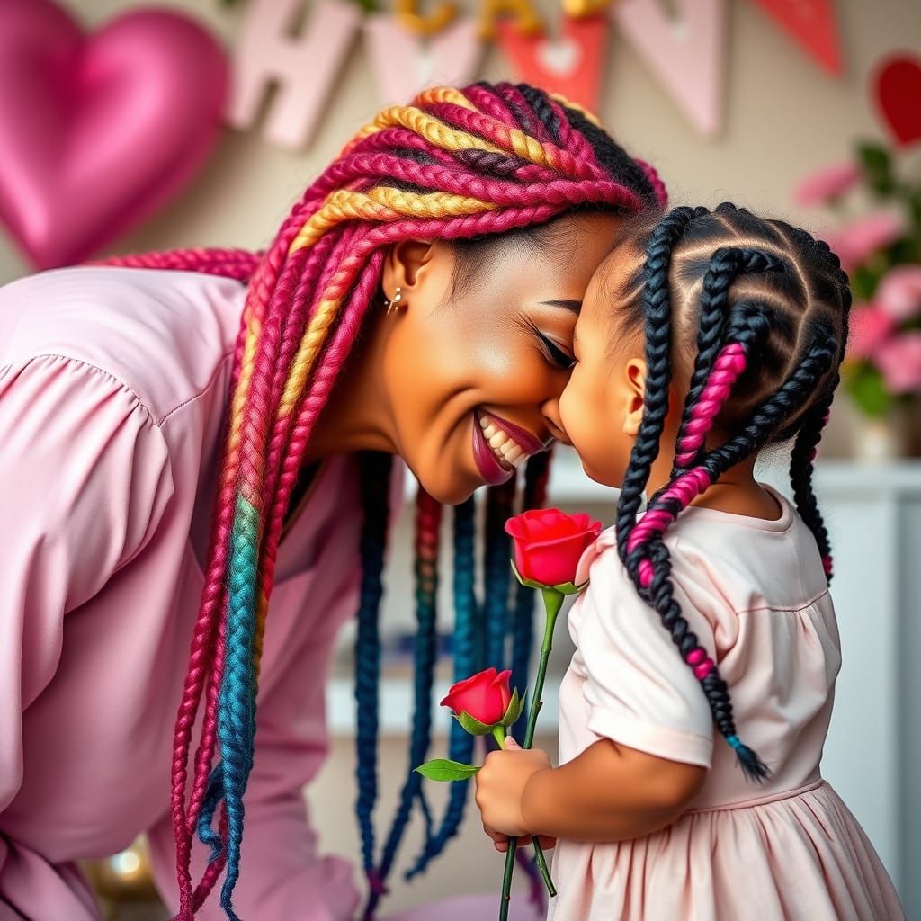 Mother and Daughter Embrace with Rose, Soft Lighting