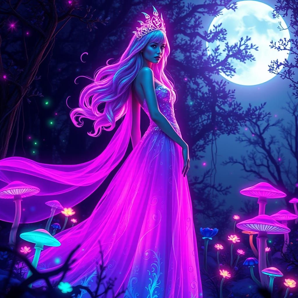 Luminous Princess in Bioluminescent Forest, Syd Mead Style
