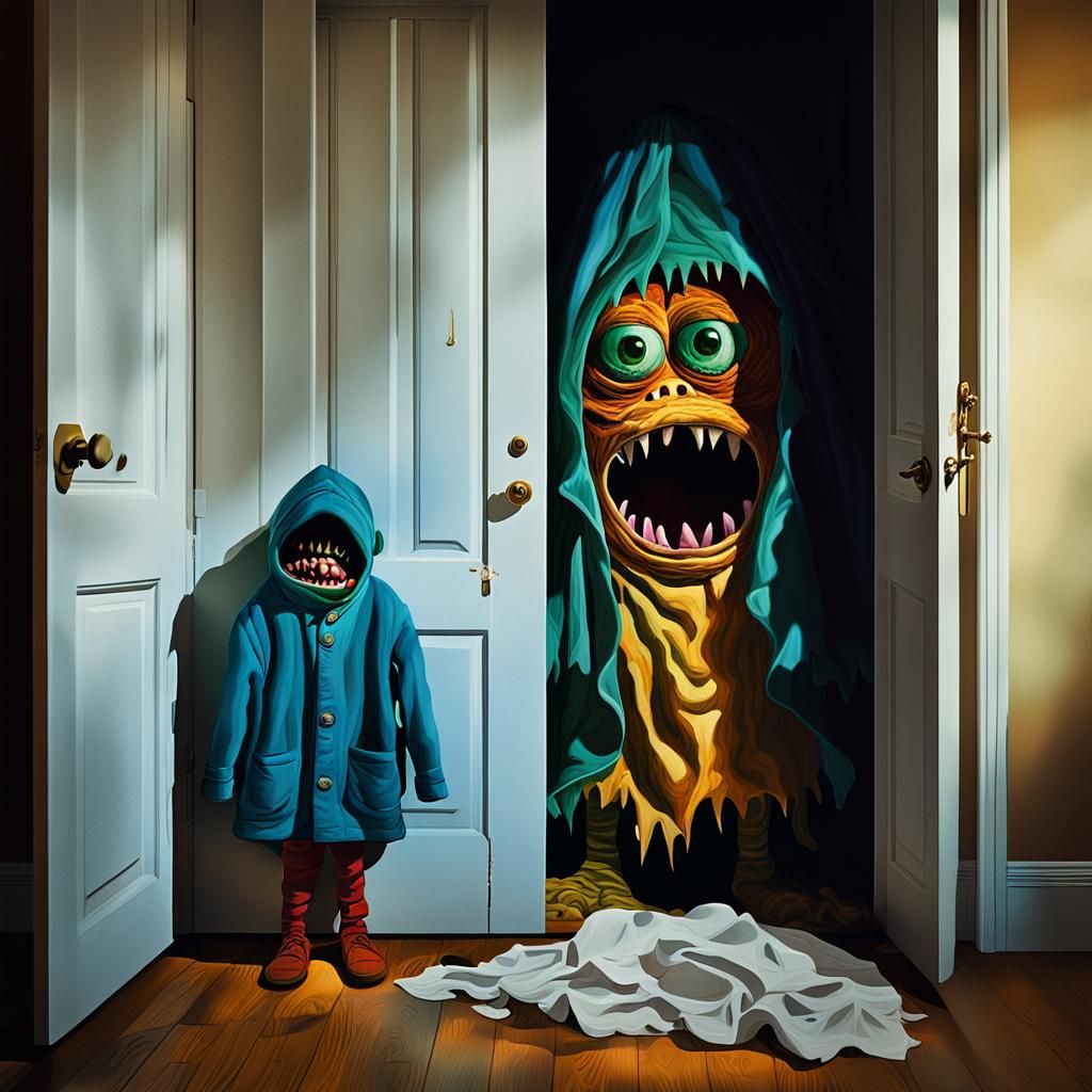 Surrealist Closet Monster in Shadows with Glowing Eyes