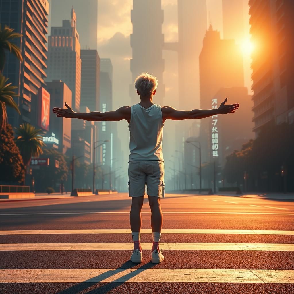 Man Embraces Cityscape Sunrise in Futuristic Digital Art