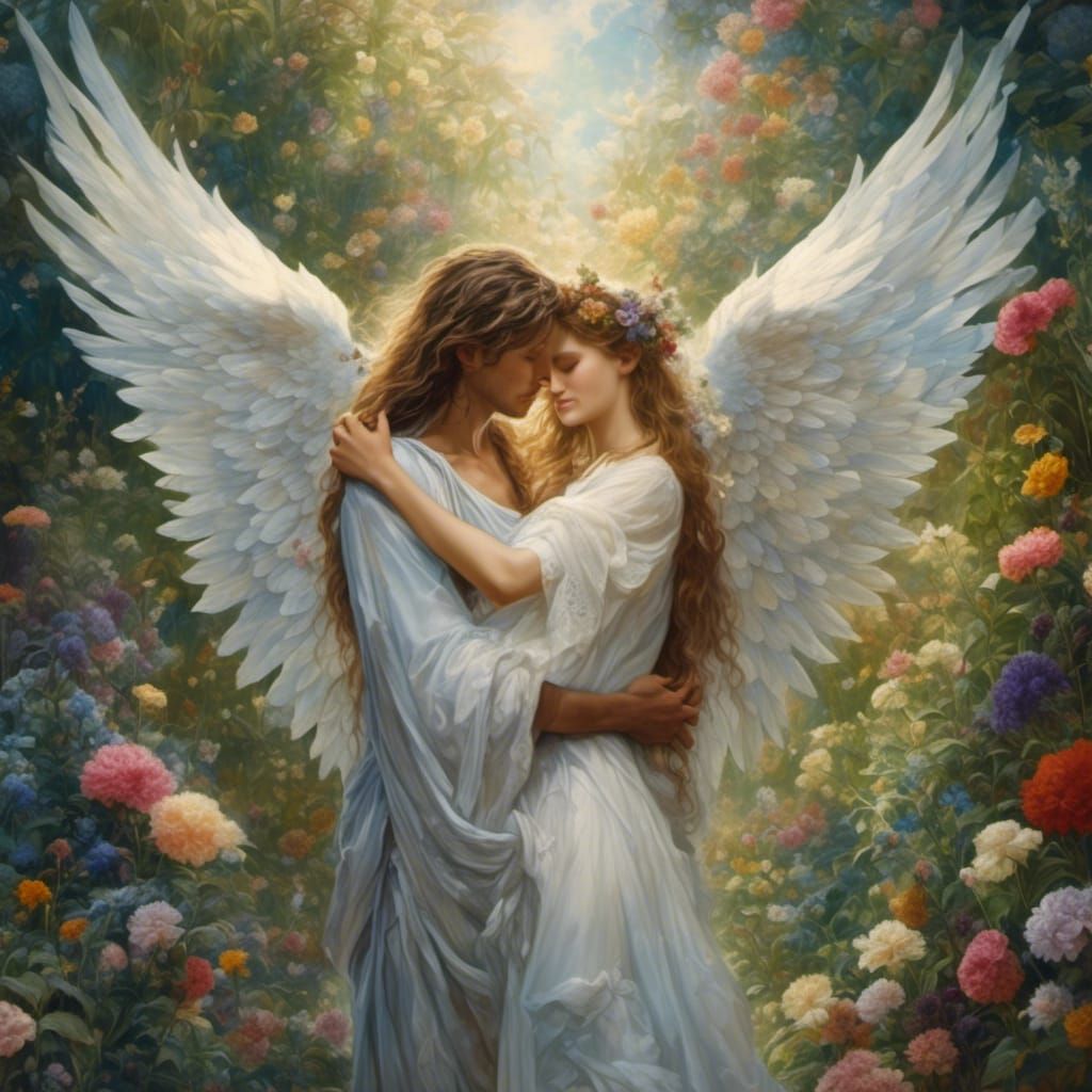 Angel and Woman Embrace at Universe's Edge