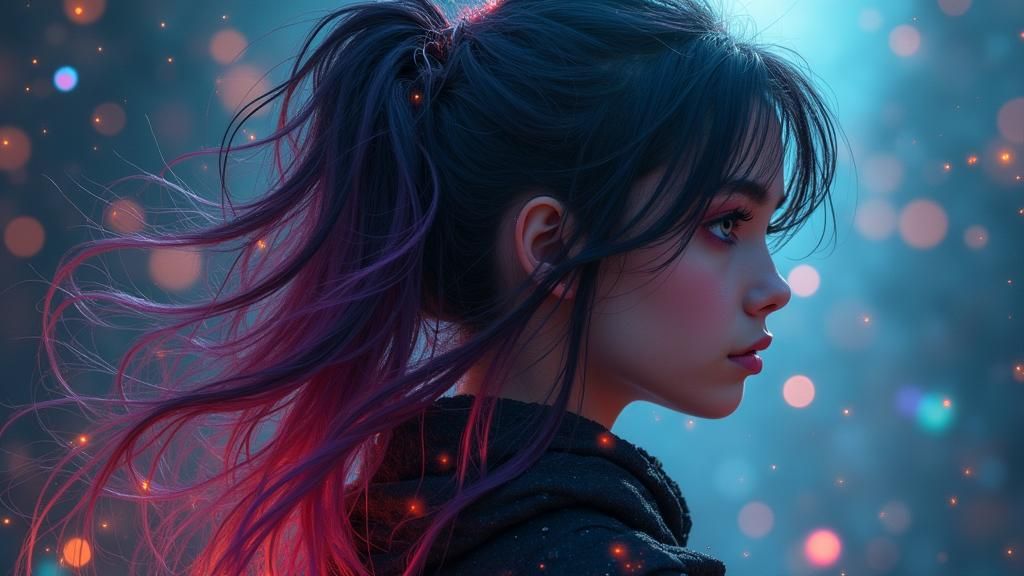 Enchanting Cyberpunk Hacker Girl in Cosmic Scape