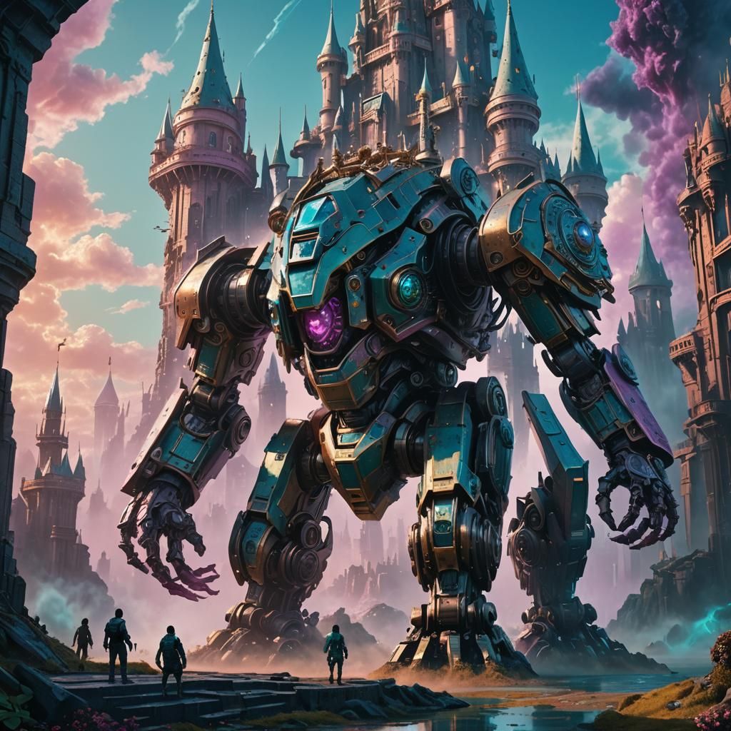 Futuristic Metal Castle in Teal and Rose Environment