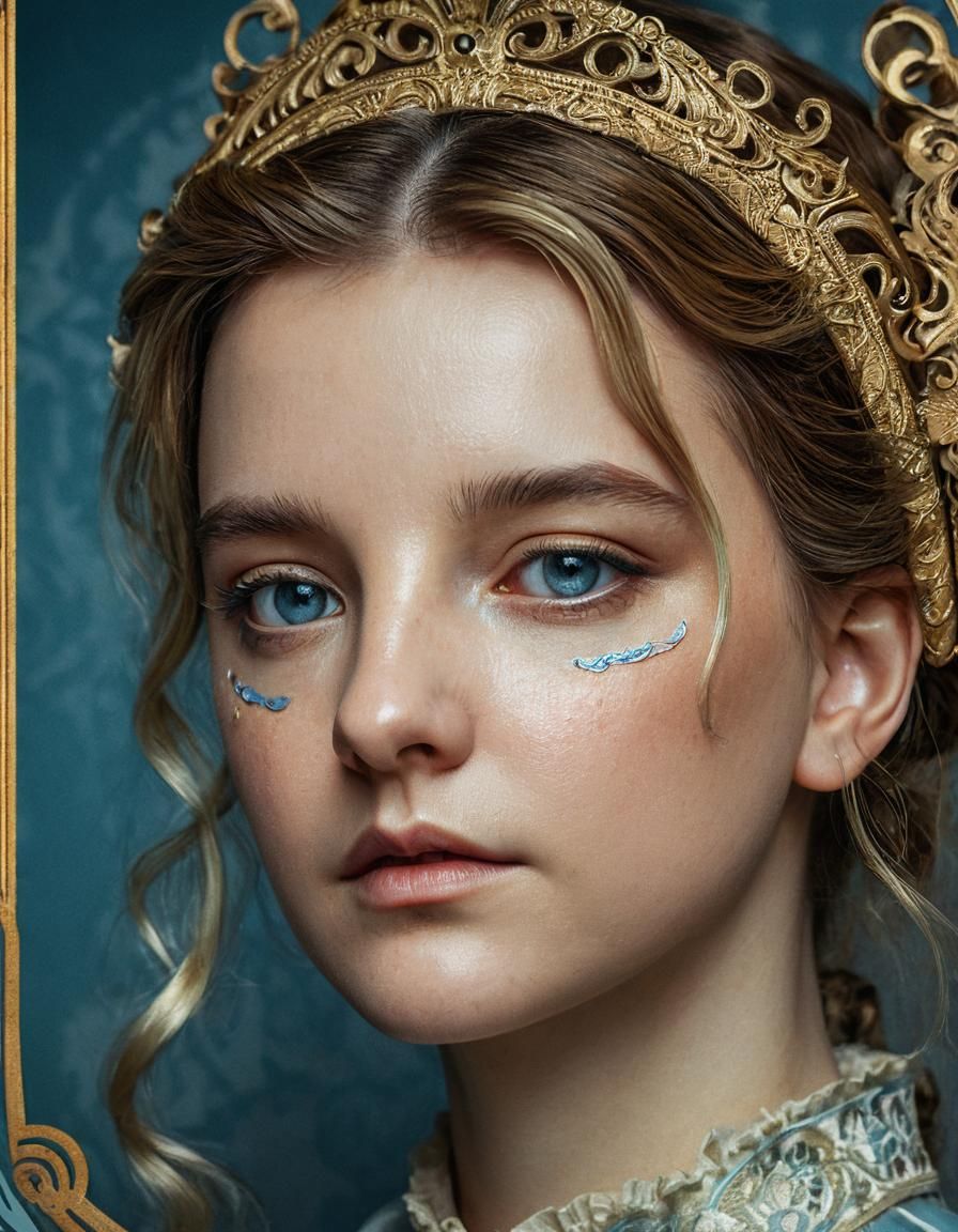 Heartbroken Woman in Ornate Room, Mucha-Inspired