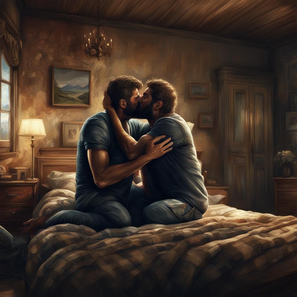Stocky Men Kissing in Bedroom, Cinematic Digital Art